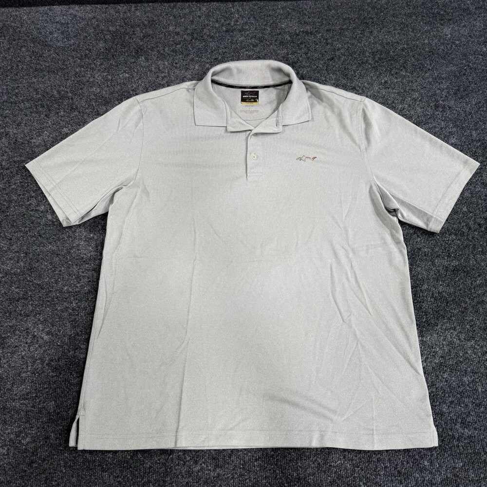 Greg Norman for Tasso Elba Mens Large Gray Golf Polo Shirt Five Iron Shark Logo